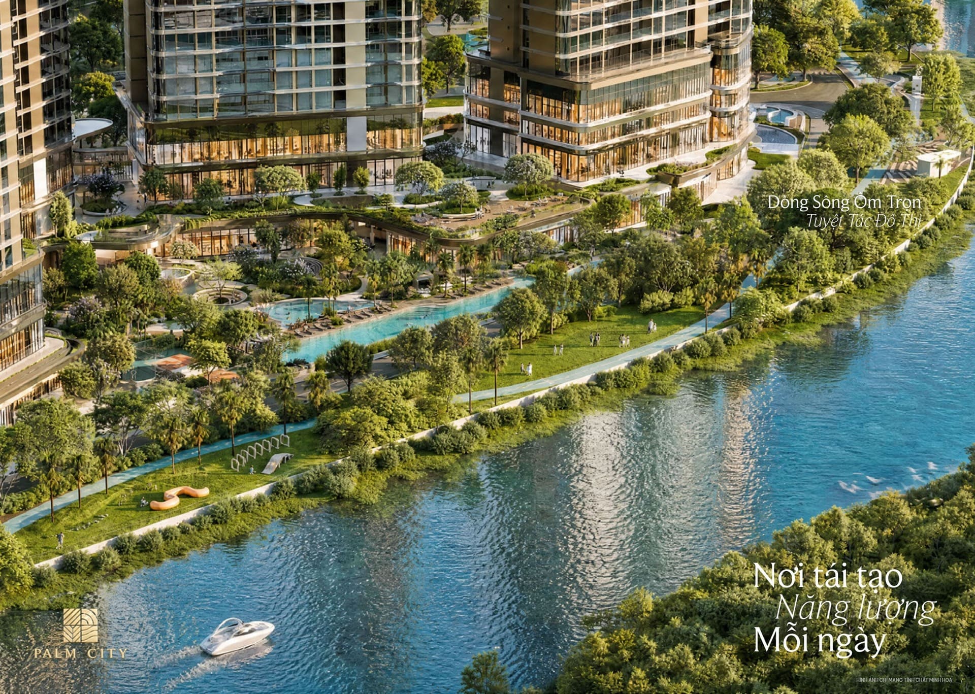 Phối cảnh tòa nhà ven sông cảnh quan xanh Palm City