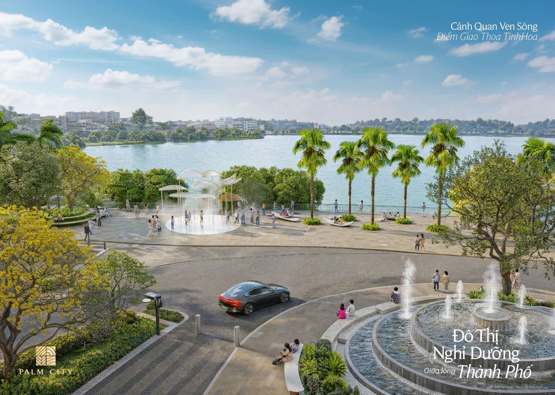 Cảnh quan ven sông và đài phun nước Palm City