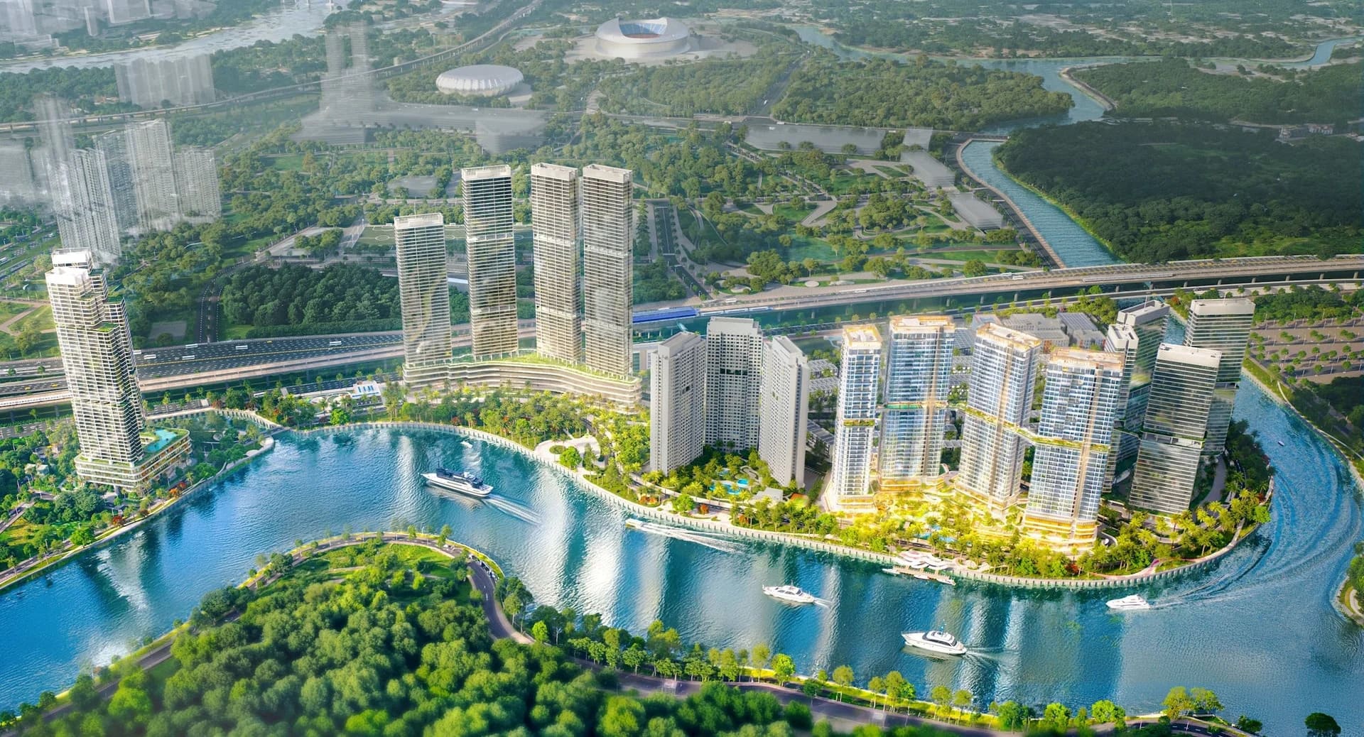 Toàn cảnh Palm River và khu đô thị Palm City bên sông Giồng Ông Tố