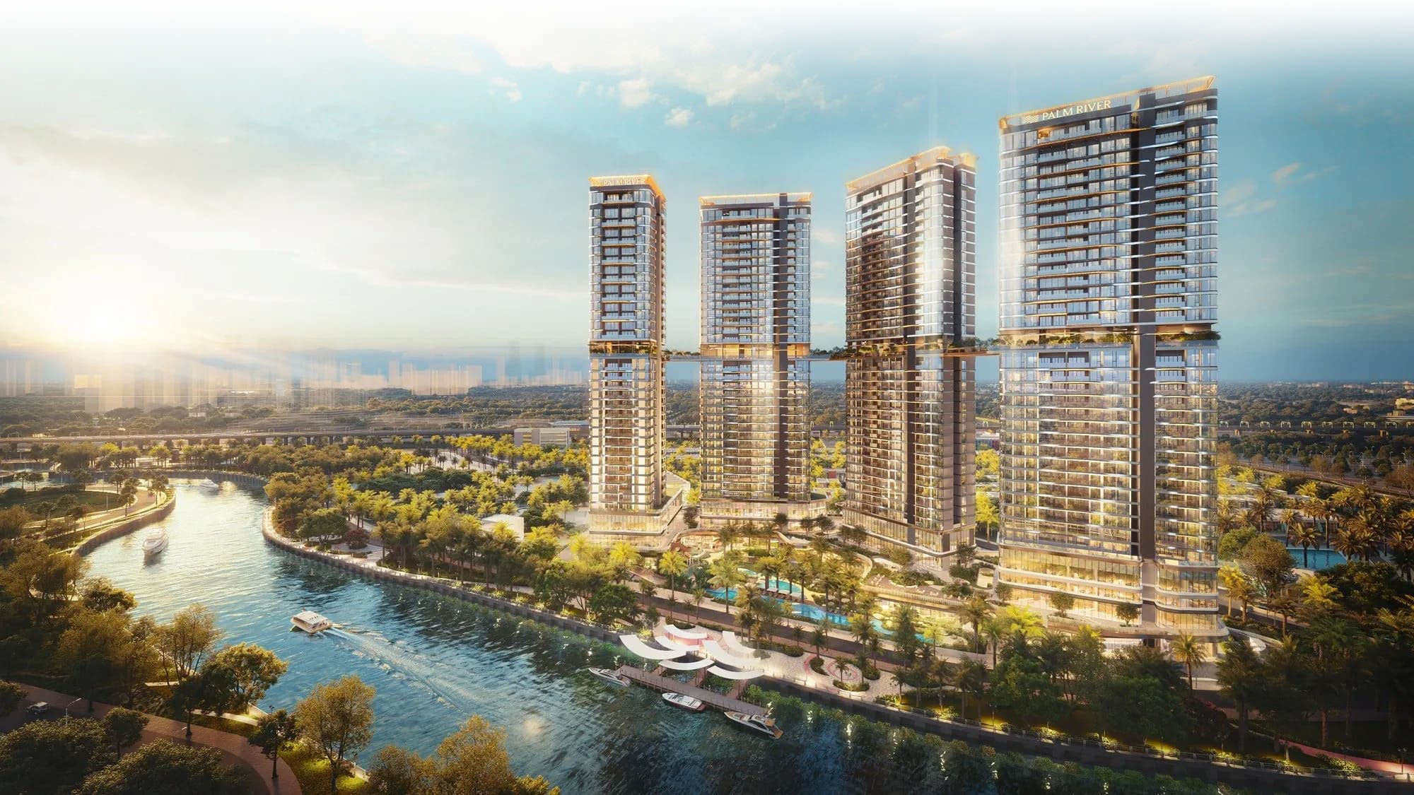 Toàn cảnh dự án Palm River ven sông lúc hoàng hôn
