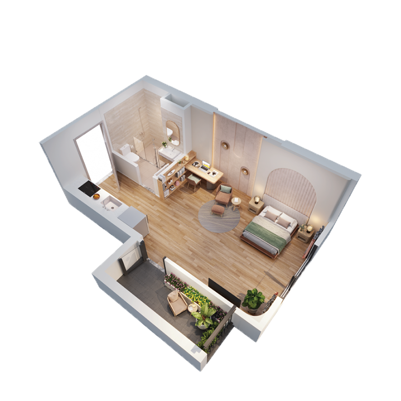 Mặt bằng 3D căn hộ studio Palm River