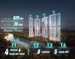Infographic quy mô Palm River 620 căn, 36 tầng, 4 tháp T1 đến T4