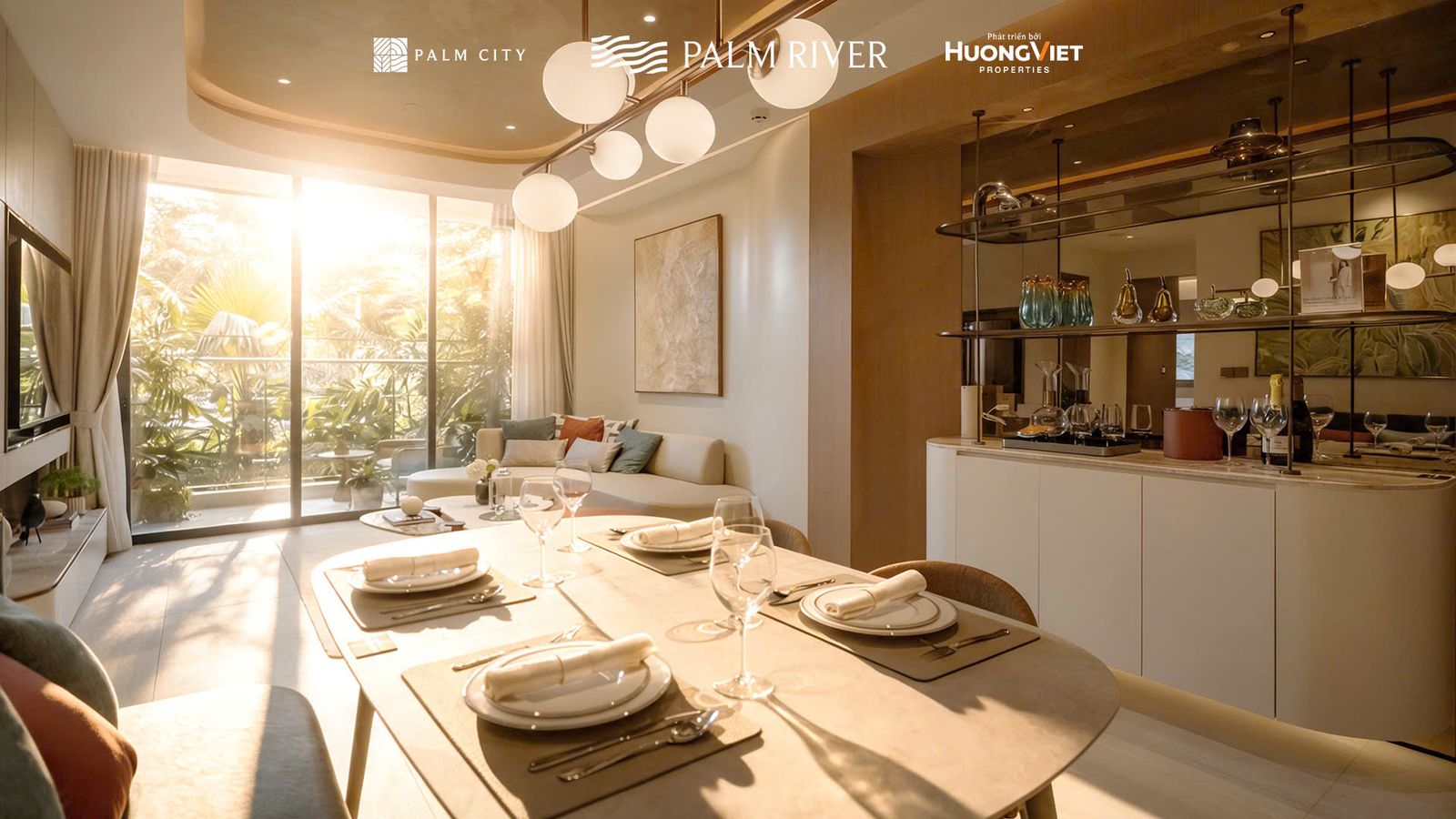 Bàn ăn và quầy bar nhà mẫu căn hộ 2 phòng ngủ Palm River