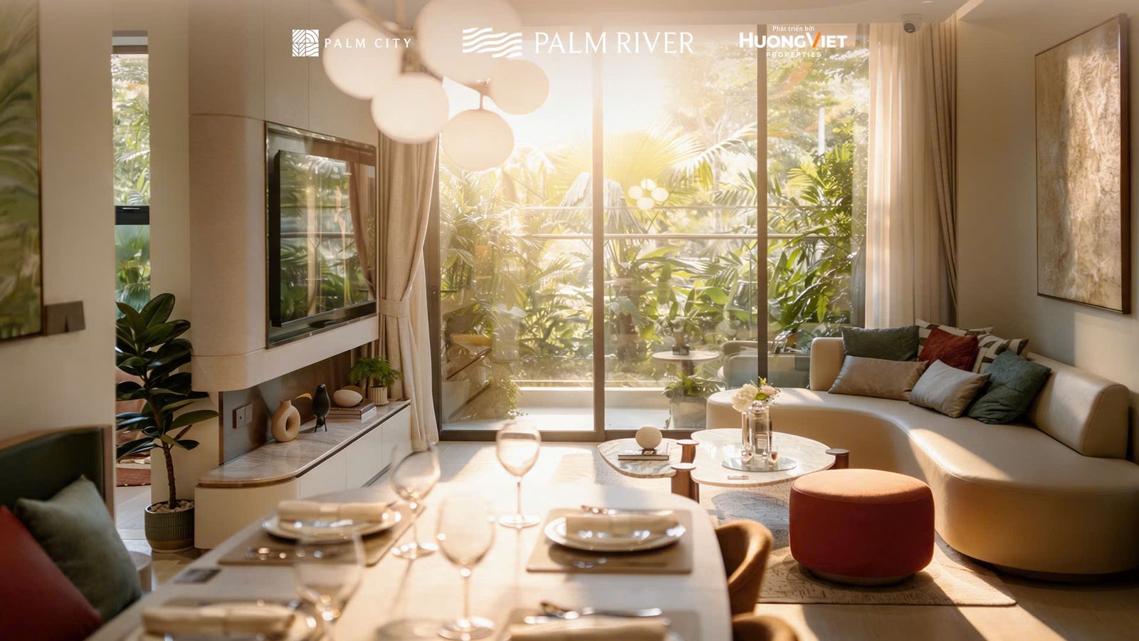 Phòng khách và bàn ăn nhà mẫu căn hộ 2 phòng ngủ 85 m² Palm River nhìn ra ban công