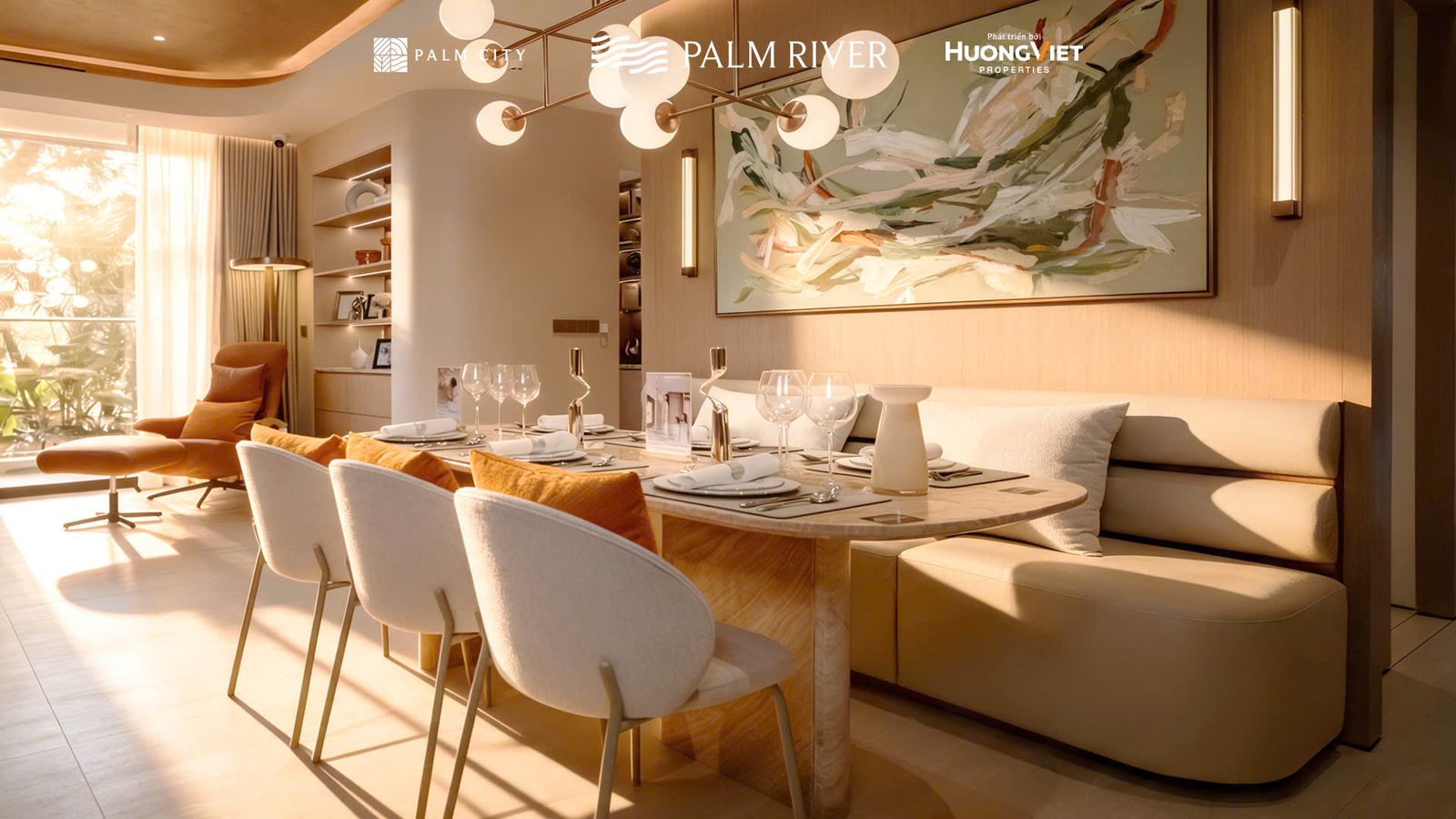 Bàn ăn băng ghế dài trong nhà mẫu căn hộ 3 phòng ngủ Palm River