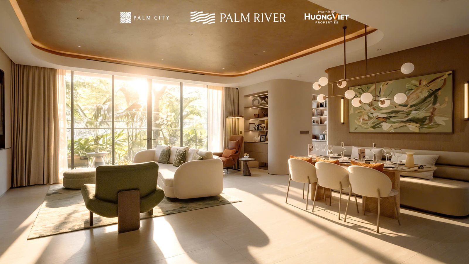 Phòng khách và phòng ăn nhà mẫu căn hộ 3 phòng ngủ 157 m² Palm River
