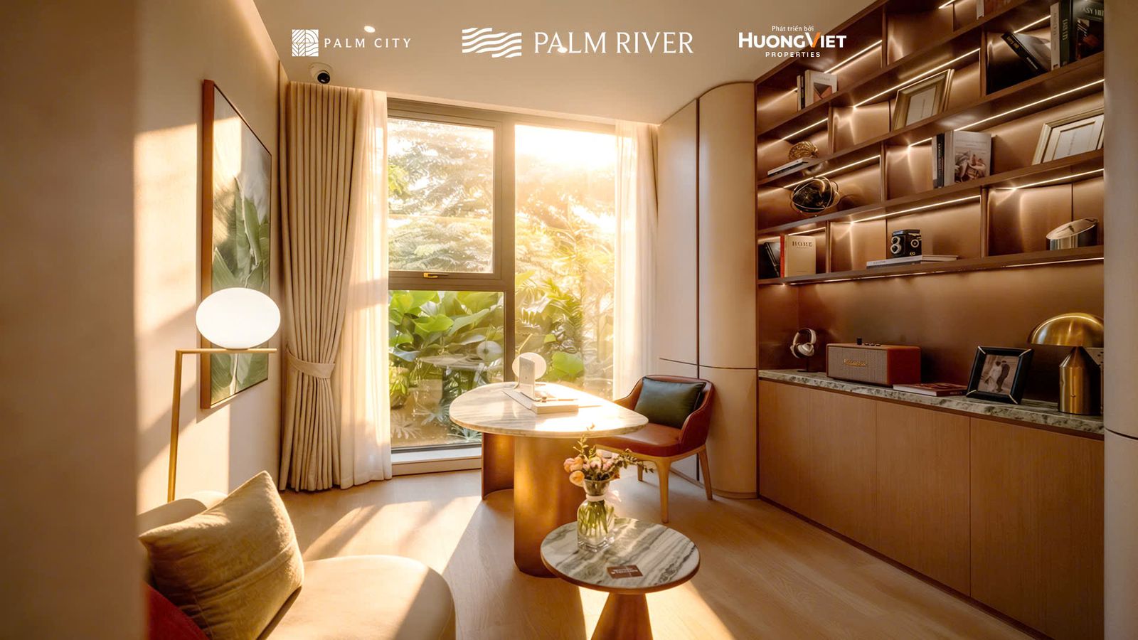 Phòng ngủ dùng làm phòng làm việc có kệ sách âm tường trong nhà mẫu Palm River