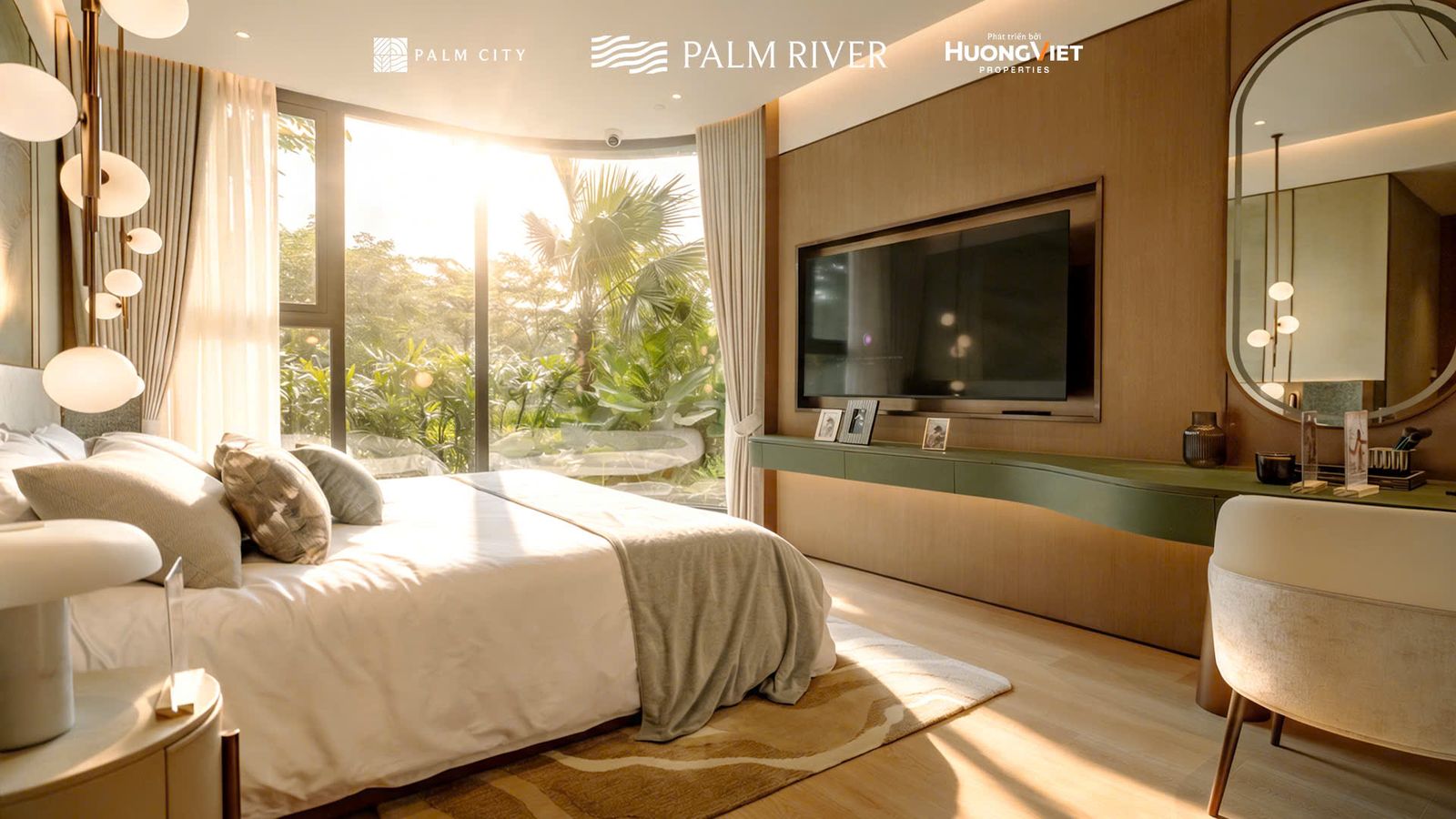 Phòng ngủ có hệ kính góc cong trong nhà mẫu căn hộ 3 phòng ngủ Palm River
