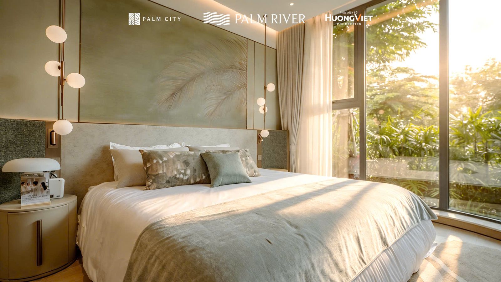 Phòng ngủ nhà mẫu căn hộ 3 phòng ngủ Palm River với cửa kính sát trần