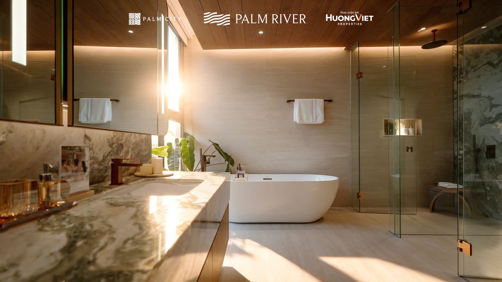 Phòng tắm master có bồn tắm độc lập và cabin kính trong nhà mẫu Palm River