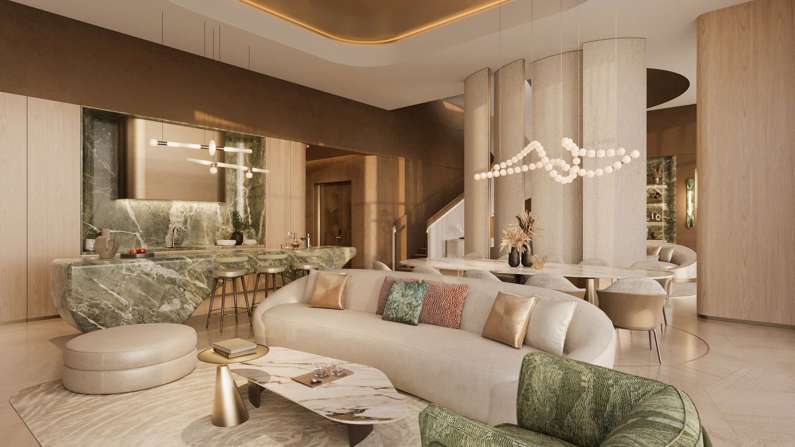 Phối cảnh bếp đảo ốp đá xanh của penthouse Palm River