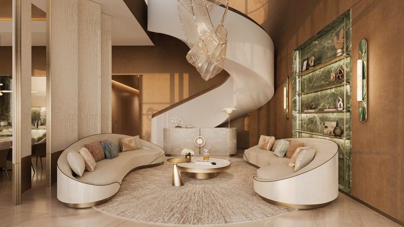 Phối cảnh phòng khách penthouse Palm River với cầu thang xoắn