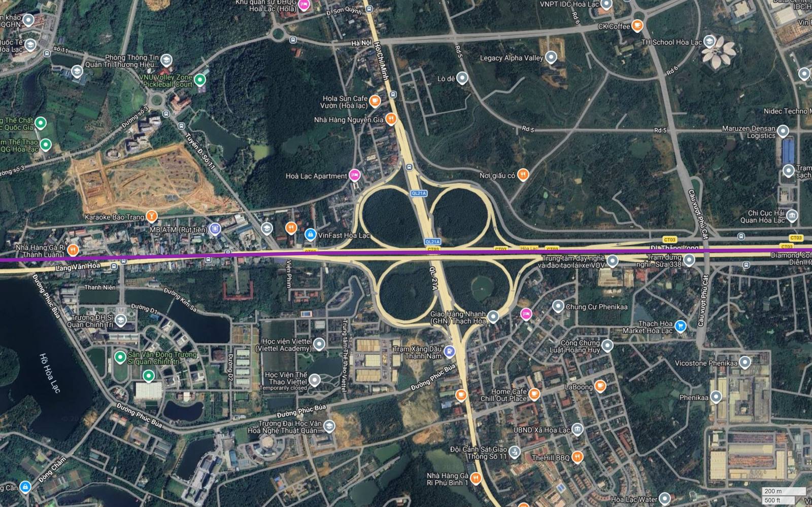 Tuyến metro số 5 Hà Nội cắt nút giao hoa thị Quốc lộ 21A và đường Hồ Chí Minh với Đại lộ Thăng Long tại Hòa Lạc