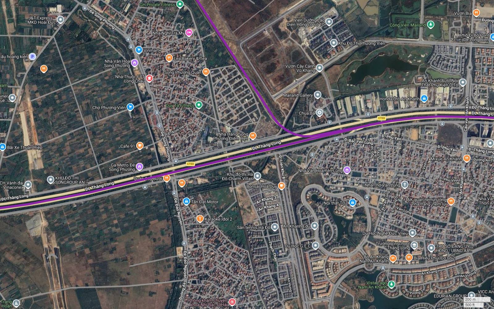 Điểm rẽ nhánh của tuyến metro số 5 Hà Nội tại An Khánh, một nhánh bám Đại lộ Thăng Long, một nhánh bẻ lên bắc qua Song Phương