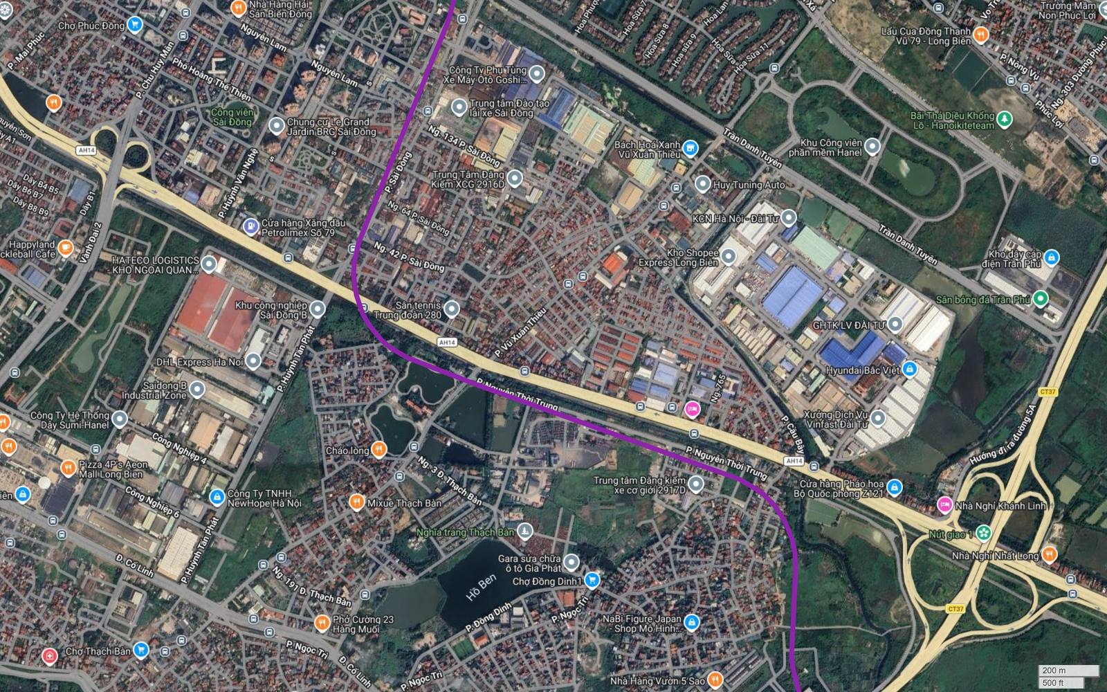 Tuyến metro số 5 Hà Nội cắt trục Nguyễn Văn Linh AH14 tại Thạch Bàn, giữa Khu công nghiệp Sài Đồng B và cụm kho vận Long Biên