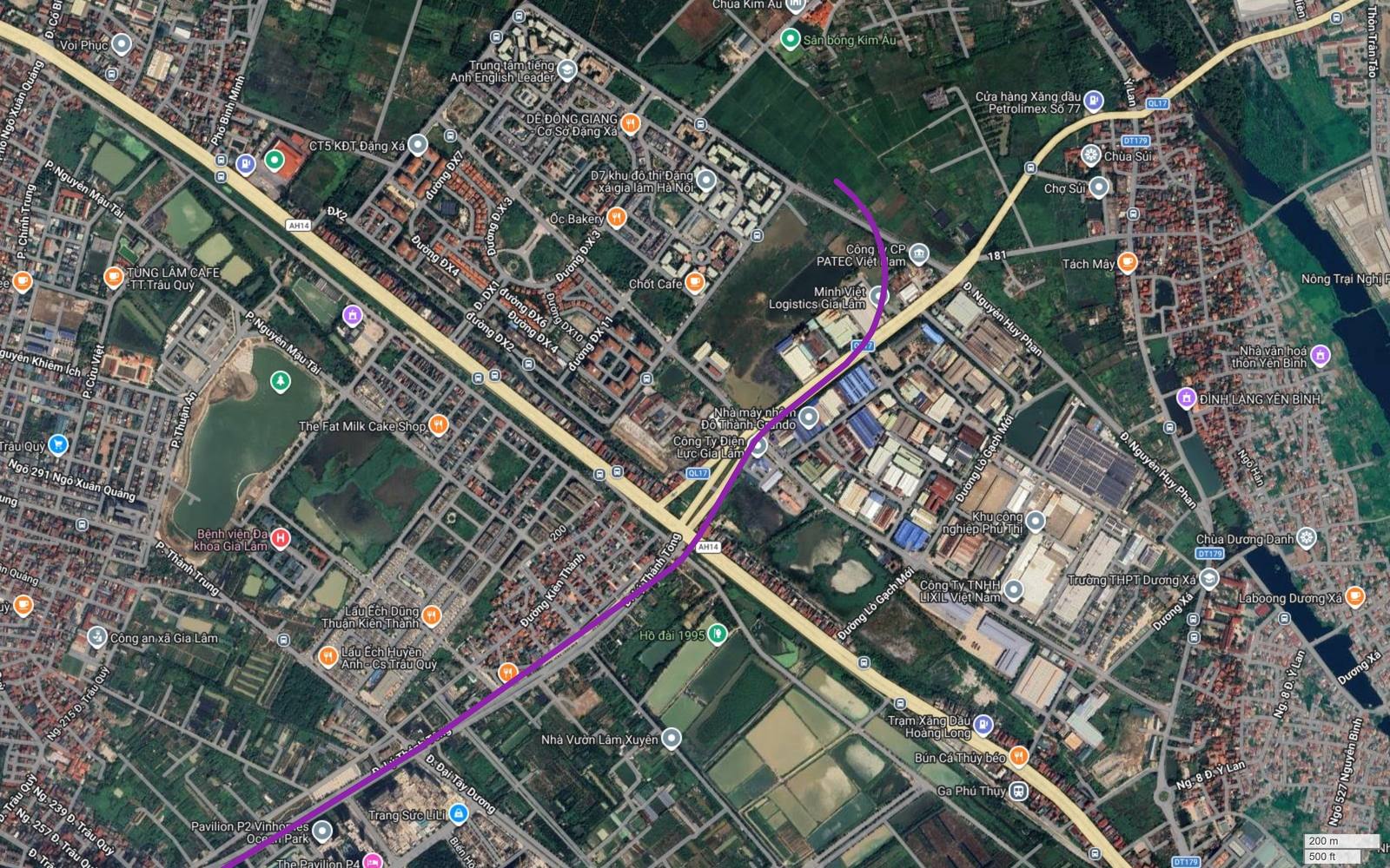 Điểm cuối tuyến metro số 5 Hà Nội tại Đặng Xá, Phú Thị, Gia Lâm: vạch tím cắt Quốc lộ 17 rồi kết thúc bằng đầu cụt cạnh Khu công nghiệp Phú Thị